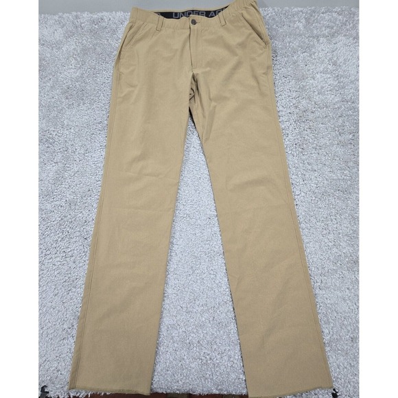 Under Armour Pants Men 36 Brown Loose Heat Gear Lightweight Unhemmed Office Golf - Picture 1 of 14
